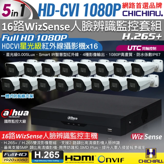 CHICHIAUCHICHIAU Dahua大華 5MP 16路CVI 1080P數位遠端監控套組(含2MP星光級紅外線攝影機x16)