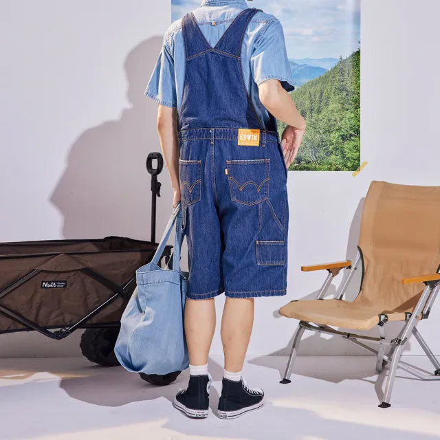 【EDWIN】男裝 橘標 寬版吊帶牛仔短褲(中古藍)