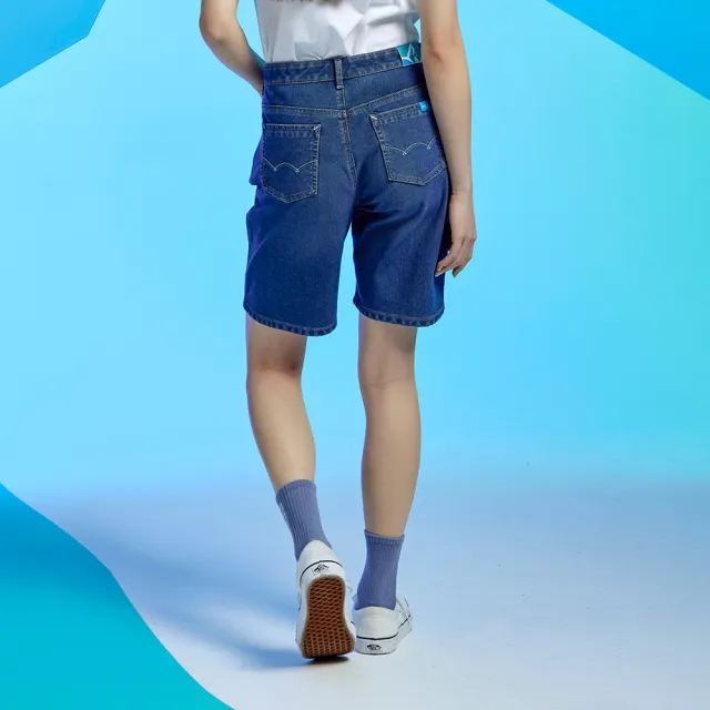 【EDWIN】女裝 冰河玉系列 JERSEYS 迦績 及膝寬鬆短褲(中古藍)