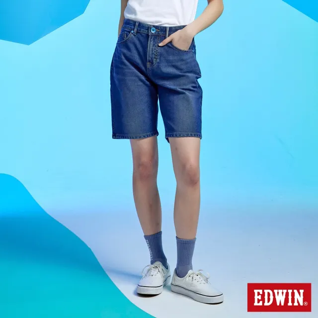 【EDWIN】女裝 冰河玉系列 JERSEYS 迦績 及膝寬鬆短褲(中古藍)