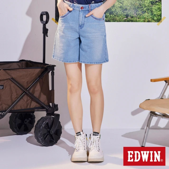【EDWIN】女裝 東京紅360°迦績 棉彈A字牛仔短褲(拔淺藍)