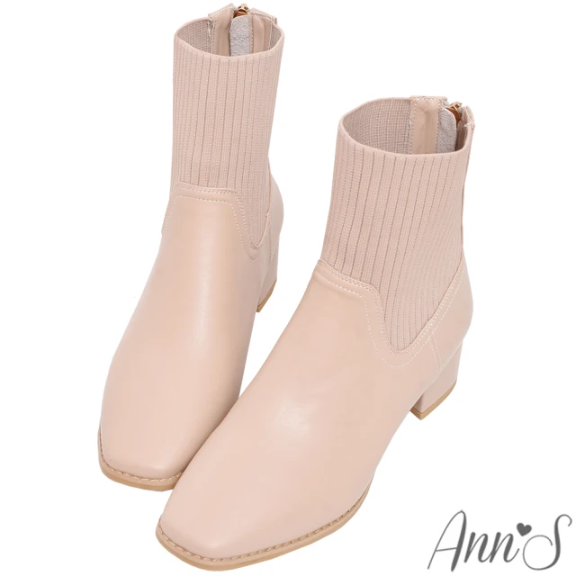 【Ann’S】舒適筒圍不壓迫腳踝-針織拼接真皮粗跟低跟短靴4cm(杏)