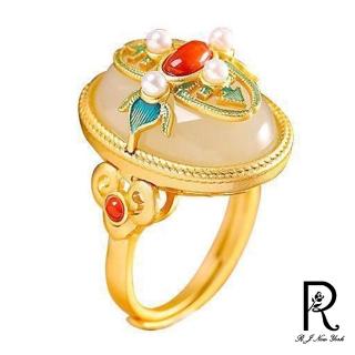 【RJ New York】貴氣淑女橢圓南紅和田玉開口彈性戒指(金色)