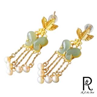 【RJ New York】珍珠蝴蝶和田玉中國風復古耳環(金色)
