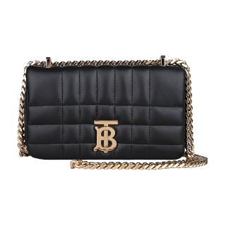 【BURBERRY 巴寶莉】BURBERRY LOLA金字TB LOGO格紋絎縫小羊皮釦式鏈帶肩背斜背兩用包(迷你/黑)