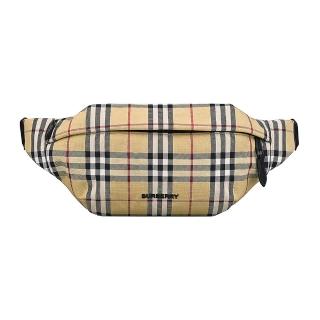 【BURBERRY 巴寶莉】BURBERRY SONNY黑字立體LOGO復古格紋設計尼龍拉練胸腰包(典藏米)