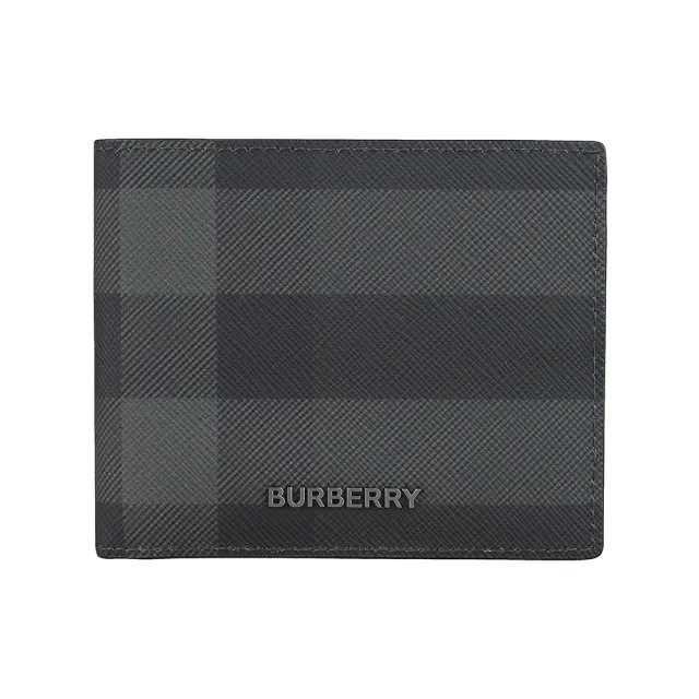【BURBERRY 巴寶莉】BURBERRY立體金屬黑字LOGO格紋帆布6卡對折短夾(炭黑)