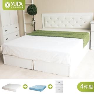 【YUDA 生活美學】黛曼特純白色 房間組4件組 雙人5尺 床頭片+加厚六分床底+床墊+床頭櫃 床架組/床底組