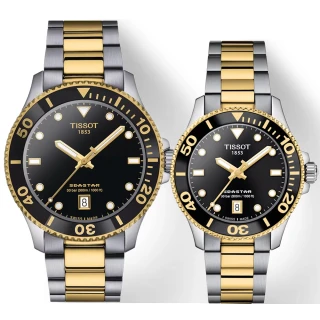 【TISSOT 天梭】Seastar 1000 海洋之星300米潛水對錶 情侶手錶 送行動電源(T1204102205100+T1202102205100)
