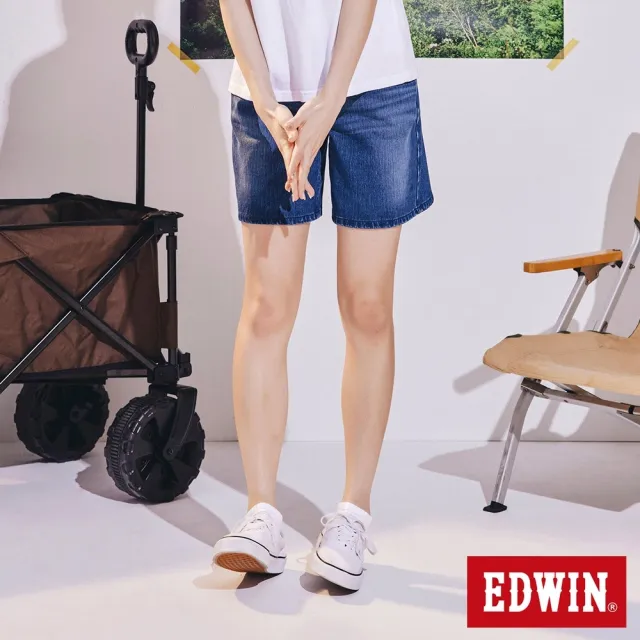 【EDWIN】女裝 東京紅360°迦績 棉彈A字牛仔短褲(石洗綠)
