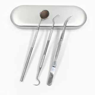 【口腔護理】不鏽鋼牙科工具三件套(口腔鏡 探針 鑷子 去牙垢 口腔清潔 剔牙器)