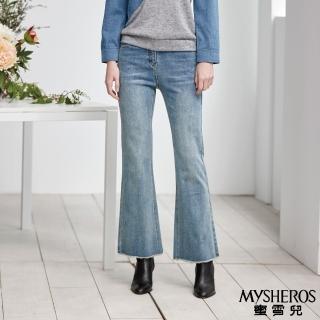 【MYSHEROS 蜜雪兒】牛仔喇叭長褲 修身顯瘦 前釦拉鍊(藍)