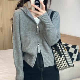 【Amirr 艾米爾】★小眾連帽針織開衫上衣(女上衣/長袖/拉鍊外套)