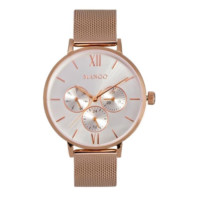 【MANGO】MANGO簡約三眼時尚米蘭帶腕錶-MA6766L-RG(玫瑰金/38mm)