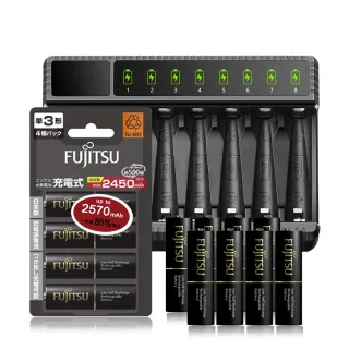 【FUJITSU 富士通】低自放電2450mAh3號8入+智慧型八槽USB電池充電器+送電池盒(充電電池組)