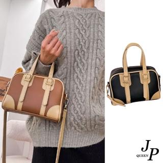 【Jpqueen】復古街頭拼色全真牛皮單肩斜背女用包(2色可選)
