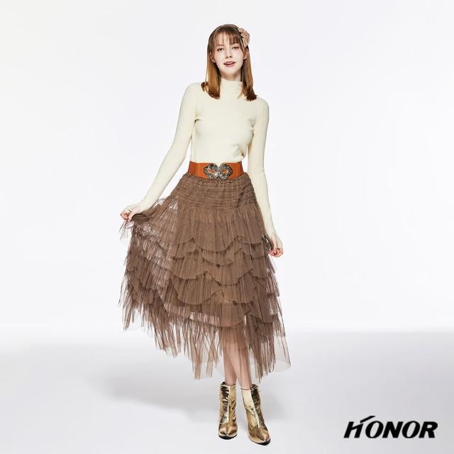 【HONOR 山形屋】高腰多層次網紗長裙-卡其/黑(MOMO獨家限定)