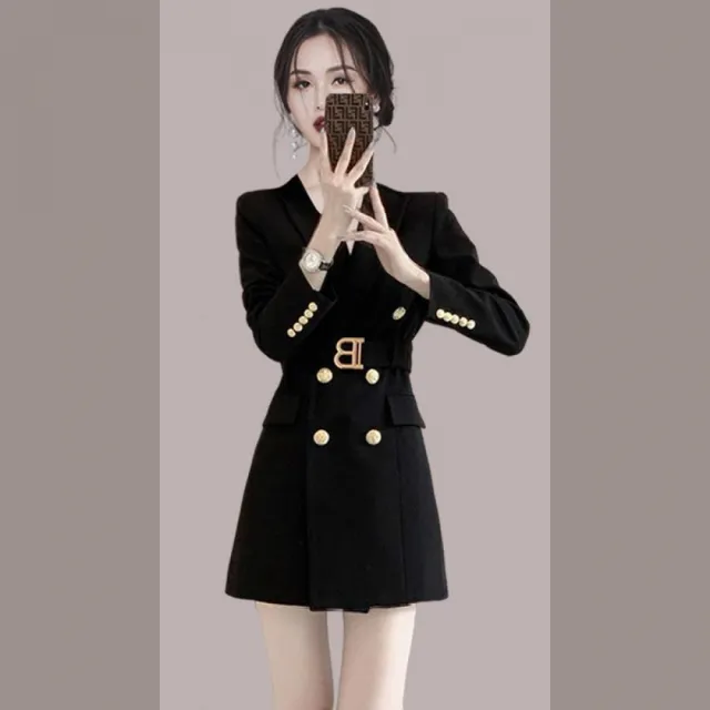 【Very Buy 非常勸敗】氣質黑色赫本風御姐範洋裝2023秋季法式翻領修身顯瘦西裝裙