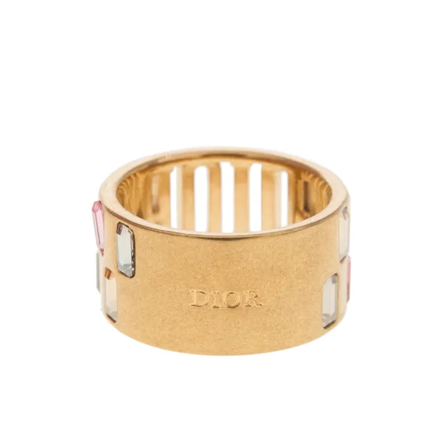 【Dior 迪奧】新款evolution 金色飾面金屬多色仿水晶寬版戒指(淺金)