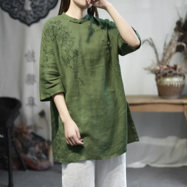【Very Buy 非常勸敗】夏季亞麻中式盤釦刺繡襯衫女中國風復古禪意茶服上衣大尺碼佛系
