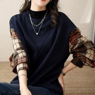 【LANNI 藍尼】★寬鬆格紋落肩拼接長袖上衣(女裝/寬鬆)