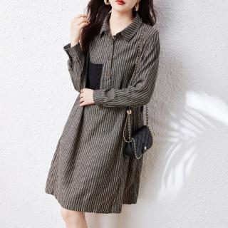 【LANNI 藍尼】★長版直條紋大尺碼拼接寬鬆襯衫(口袋/一件式/POLO衫)