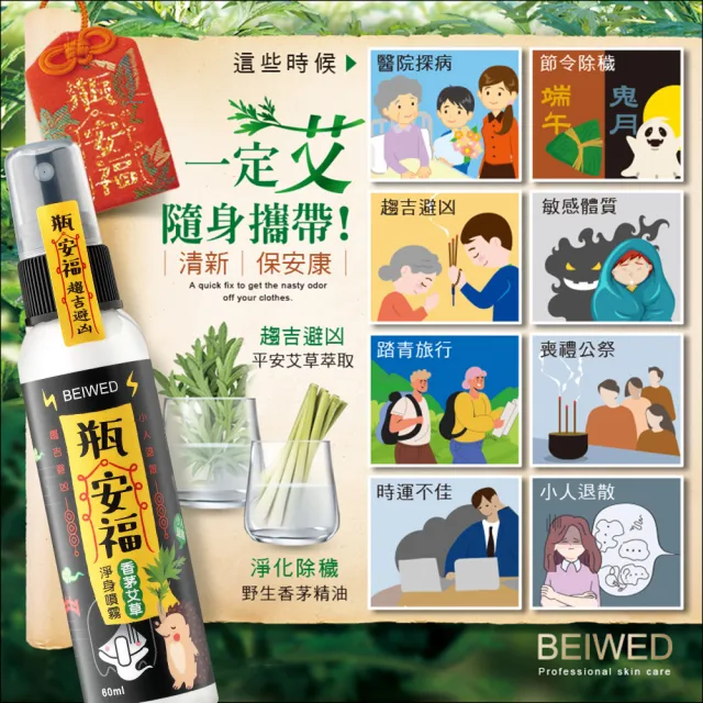 【BEIWED】瓶安福香茅艾草芙蓉淨身噴霧120mlx3入(淨化除穢氣-大容量)