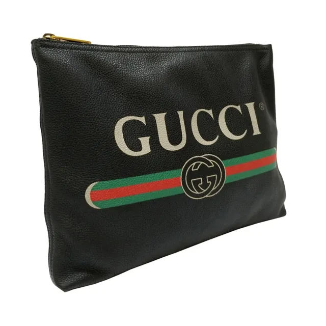 【GUCCI 古馳】500981 經典Gucci Print復古雙色織帶小牛皮手拿包/平板包(黑色)