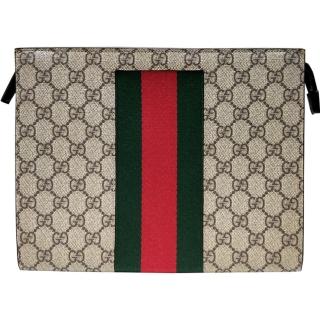 【GUCCI 古馳】475316 經典GG Supreme帆布印花雙色織帶萬用手拿包(棕色)