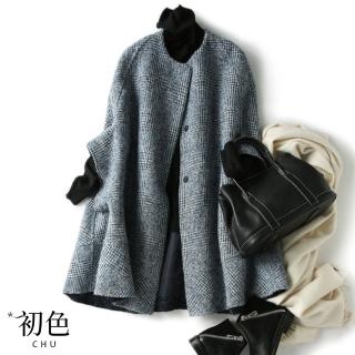 【初色】寬鬆格紋圓領五分袖長袖單排釦斗篷式毛呢大衣中長款外套休閒外套-灰色-91663(M-2XL可選)