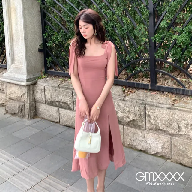 【Gmxxxx】法式粉紅色方領顯瘦大綁帶長洋裝(雪紡洋裝 長洋裝)