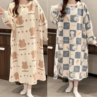 【Wonderland】2件組-法蘭絨保暖長袖女睡衣居家服睡裙