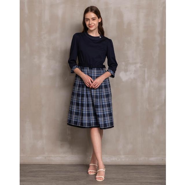 【perng yuh 芃諭名品】書雅知然 拼接格紋 洋裝（附腰帶）(2023 AW Collection｜2C秋冬系列)