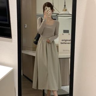 【Amirr 艾米爾】★法式氣質方領赫本風連身長裙(女上衣/長袖/修身)