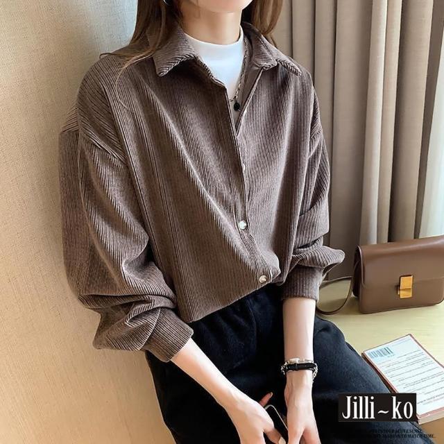 【JILLI-KO】燈芯絨保暖襯衫女加厚開扣外套-F(橘/卡)