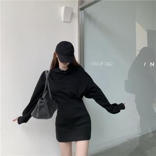 【D.studio】韓版設計感休閒連帽收腰黑色連衣裙(長袖上衣女裝衣服寬鬆上衣連帽上衣長袖t恤冬裝套裝 S277)