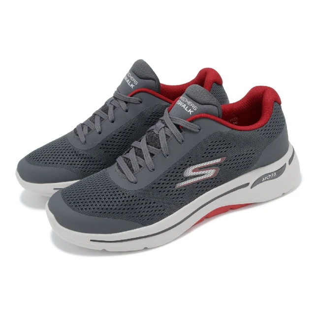 SKECHERS 休閒鞋 Go Walk Arch Fit 男鞋 灰 紅 緩衝 足弓支撐 回彈 健走 運動鞋(216262-CCRD)