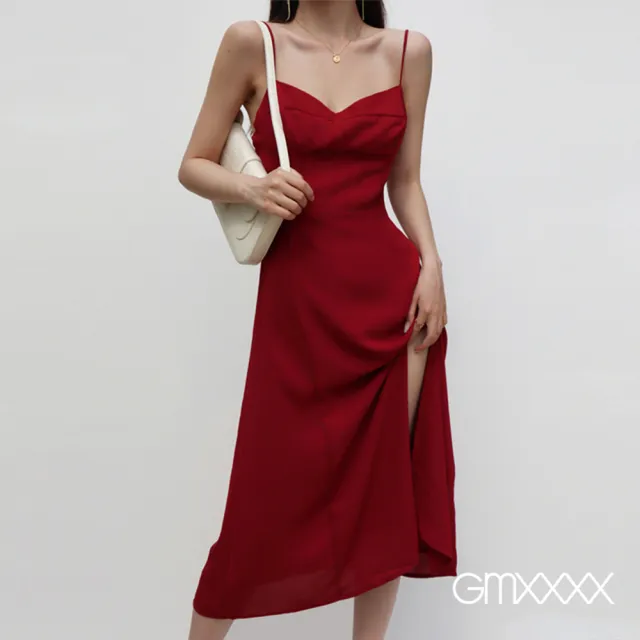 【Gmxxxx】法式紅雪紡顯瘦綁帶長洋裝(雪紡洋裝 長洋裝)