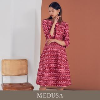 【MEDUSA 曼度莎】現貨-小菱格緹花禮服洋裝（M-XL）｜小禮服 媽媽禮服 紅色禮服 冬新品(201-92006)