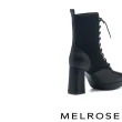 【MELROSE】美樂斯 時髦潮感綁帶飛織牛皮方頭美型高跟短靴(黑)
