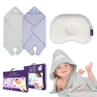 【ClevaMama】防扁頭新生兒枕 0-6個月適用+連帽圍裙式寶寶浴巾 98x98cm(2色選擇)