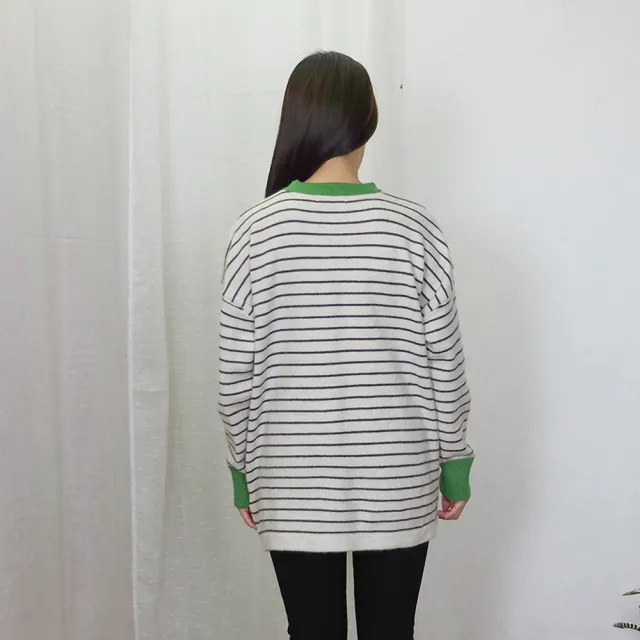 【Hana Mokuba】花木馬日系女裝領寬鬆落肩撞色拼接條紋毛衣(針織衫)