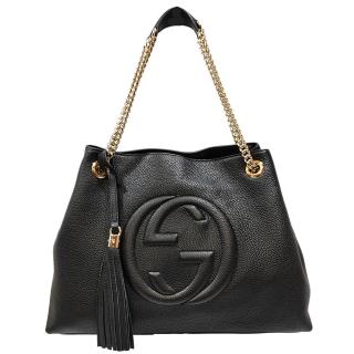 【GUCCI 古馳】536196 經典SOHO系列流蘇雙鍊手提/肩背兩用包(黑色)