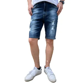 【Last Taiwan Jeans 最後一件台灣牛仔褲】硬挺刷破 修身牛仔短褲 台灣製造(深藍/淺藍)