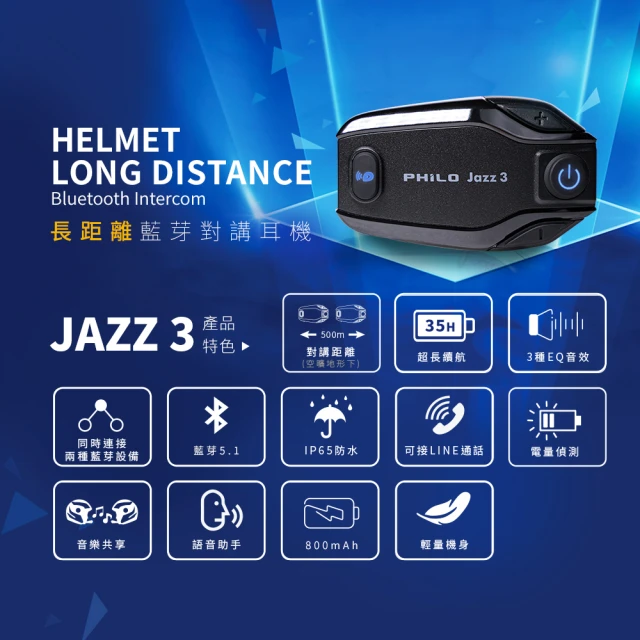 Philo 飛樂 2入組 JAZZ3 安全帽藍芽對講耳機(雙人最遠距離500公尺對講)