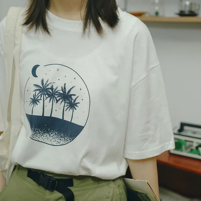 【那木】棉料圓領椰子樹印花上衣(純棉休閒百搭大學T恤)
