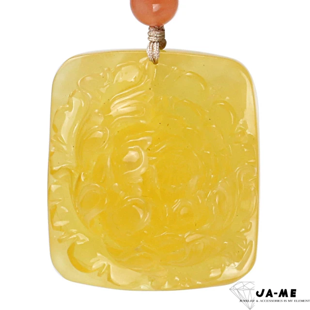 JA-ME 天然琥珀波羅的海頂級雞油黃蜜臘牡丹花方牌項鍊(2