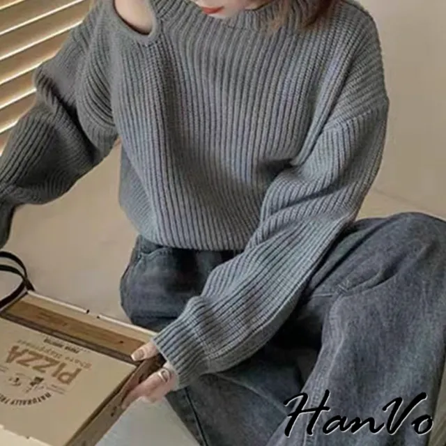 【HanVo】現貨 側肩鏤空露肩圓領粗針織衣(慵懶風設計感質感上衣 韓系女裝 女生衣著 A02-0538)