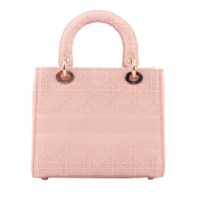 【Dior 迪奧】LADY D-LITE籐格紋圖案刺繡中型包款(粉色)