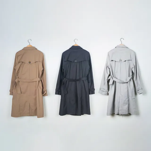 【MASTINA】率性長版雙排釦風衣長袖外套(黑 卡 灰)